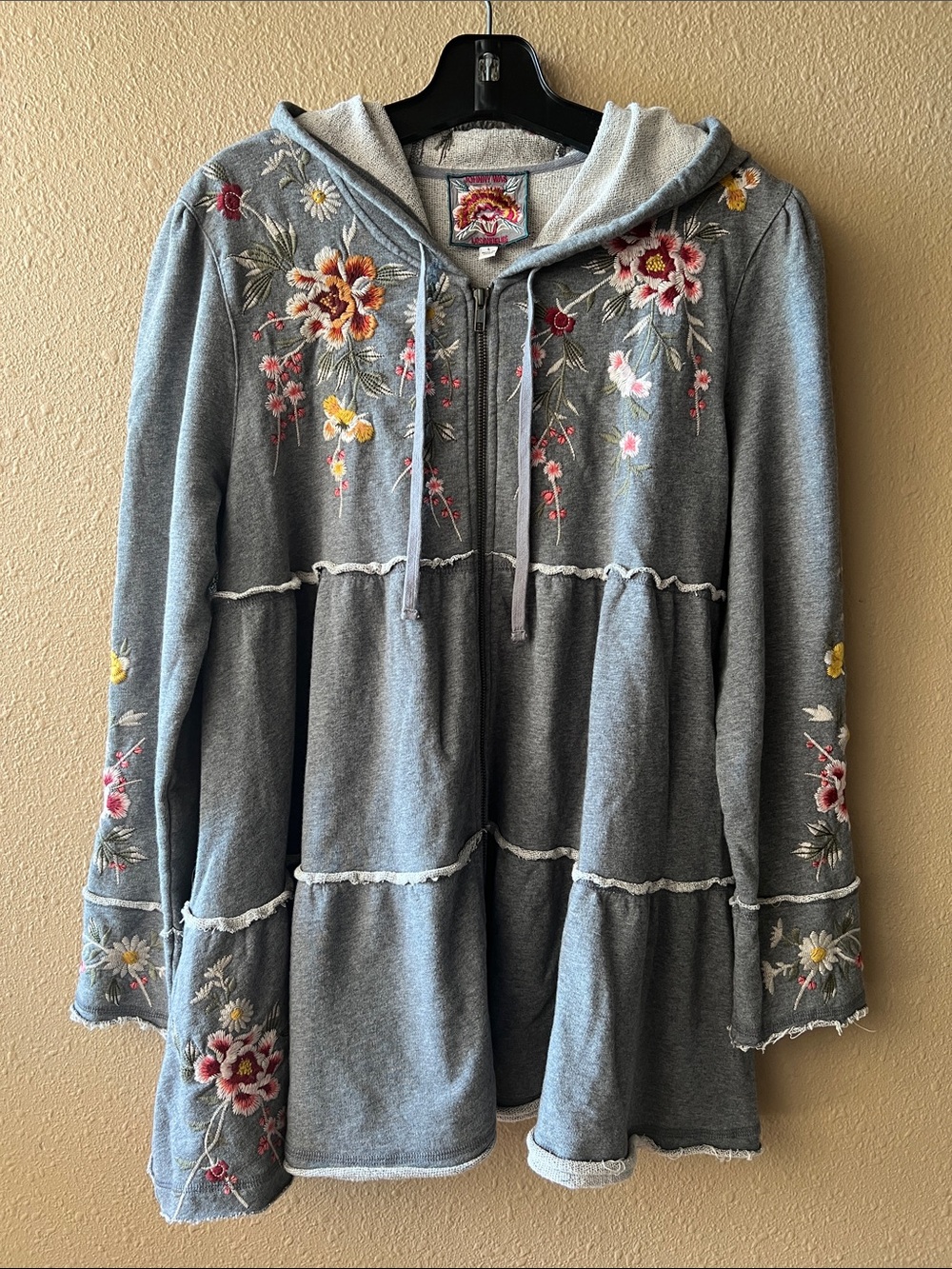 Johnny Was Tiered Gray Floral Embridered Hoodie